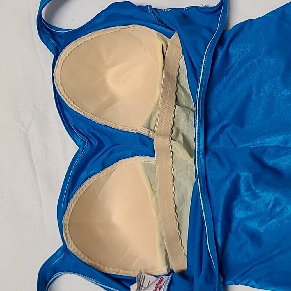 1980s Maxine of Hollywood Turquoise Blue One Piece Ruched Swimsuit Sz 14 - Picture 6 of 13